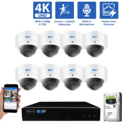 8 Channel NVR Security Camera System with 8 * 8MP 4K IP POE 2.8mm Fixed Lens Dome Security Cameras, Human/Vehicle Detection, Face Recognition, Area Intrusion, Built-In Mic, PoE, Acu-Search