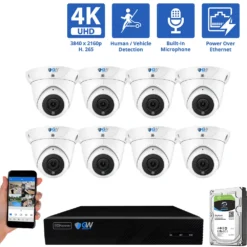 8 Channel NVR Security Camera System with 8 * 8MP 4K IP POE 2.8mm Fixed Lens Turret Security Cameras, Human/Vehicle Detection, Face Recognition, Area Intrusion, Built-In Mic, PoE, Acu-Search