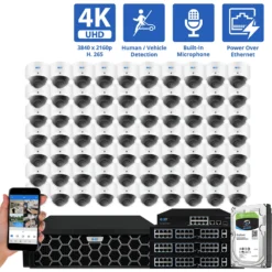 128 Channel NVR Security Camera System with 80 * 8MP 4K IP POE 2.8mm Fixed Lens Dome Security Cameras, Human/Vehicle Detection, Face Recognition, Area Intrusion, Built-In Mic, PoE, Acu-Search