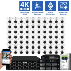 128 Channel NVR Security Camera System with 80 * 8MP 4K IP POE 2.8mm Fixed Lens Turret Security Cameras, Human/Vehicle Detection, Face Recognition, Area Intrusion, Built-In Mic, PoE, Acu-Search