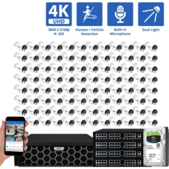 128 Channel NVR Security Camera System with 96 * 8MP 4K IP POE 2.8mm Fixed Lens Bullet Security Cameras, Dual Light, Human/Vehicle Detection, Face Recognition, Area Intrusion, Built-In Mic, PoE, Acu-Search