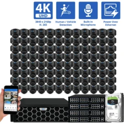 128 Channel NVR Security Camera System with 96 * 4K IP POE 2.8mm Fixed Lens Black Dome Security Cameras, Human/Vehicle Detection, Face Recognition, Area Intrusion, Built-In Mic, PoE, Acu-Search