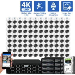 128 Channel NVR Security Camera System with 96 * 8MP 4K IP POE 2.8mm Fixed Lens Dome Security Cameras, Human/Vehicle Detection, Face Recognition, Area Intrusion, Built-In Mic, PoE, Acu-Search