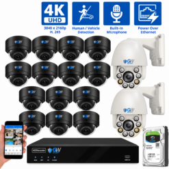16 Channel NVR Security Camera System with 14 * 4K IP POE 2.8mm Fixed Lens Black Dome Security Cameras, 2 * 8MP 4K Mini IP PTZ 2.7-13.5mm Motorized Lens Cameras, Human/Vehicle Detection, Face Recognition, Area Intrusion, Built-In Mic, PoE, Acu-Search