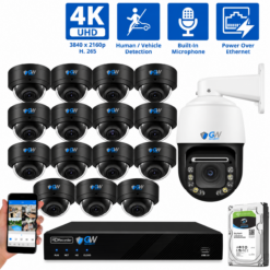 16 Channel NVR Security Camera System with 15 * 4K IP POE 2.8mm Fixed Lens Black Dome Security Cameras, 1 * 8MP 4K Mini IP PTZ 4.7-94mm Motorized Lens Camera, Human/Vehicle Detection, Face Recognition, Area Intrusion, Built-In Mic, PoE, Acu-Search