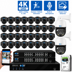 32 Channel NVR Security Camera System with 30 * 4K IP POE 2.8mm Fixed Lens Black Dome Security Cameras, 2 * 8MP 4K Mini IP PTZ 4.7-94mm Motorized Lens Cameras, Human/Vehicle Detection, Face Recognition, Area Intrusion, Built-In Mic, PoE, Acu-Search
