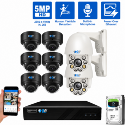 8 Channel NVR Security Camera System with 6 * 4K IP POE 2.8mm Fixed Lens Black Dome Security Cameras, 2 * 5MP Mini IP PTZ 2.7-13.5mm Motorized Lens Cameras, Human/Vehicle Detection, Face Recognition, Area Intrusion, Built-In Mic, PoE, Acu-Search