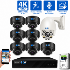 8 Channel NVR Security Camera System with 7 * 4K IP POE 2.8mm Fixed Lens Black Dome Security Cameras, 1 * 5MP Mini IP PTZ 2.7-13.5mm Motorized Lens Camera, Human/Vehicle Detection, Face Recognition, Area Intrusion, Built-In Mic, PoE, Acu-Search