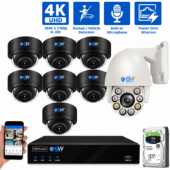 8 Channel NVR Security Camera System with 7 * 4K IP POE 2.8mm Fixed Lens Black Dome Security Cameras, 1 * 8MP 4K Mini IP PTZ 2.7-13.5mm Motorized Lens Camera, Human/Vehicle Detection, Face Recognition, Area Intrusion, Built-In Mic, PoE, Acu-Search
